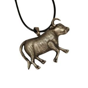 Silver Bull Pendant on Black Cord Necklace